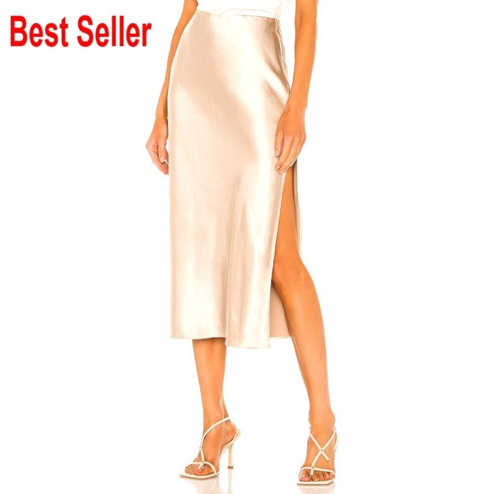 Satin Silk High Waist Midi Skirt with Side Slit, Elastic Waistband, Flowy